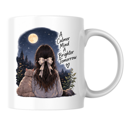 Inspirational Mug "A Calmer Mind A Brighter Tomorrow" Girl & Cat Night Sky 325ml Ceramic Coffee Mug Serene Anime Tea Cup with Full Moon & City Skyline Graphic Gift | Available in Multicolours | Fast Dispatch by UK Seller (M3029)