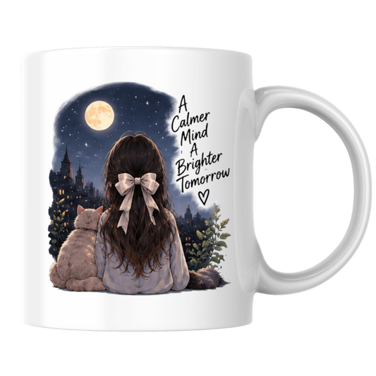 Inspirational Mug "A Calmer Mind A Brighter Tomorrow" Girl & Cat Night Sky 325ml Ceramic Coffee Mug Serene Anime Tea Cup with Full Moon & City Skyline Graphic Gift | Available in Multicolours | Fast Dispatch by UK Seller (M3029)
