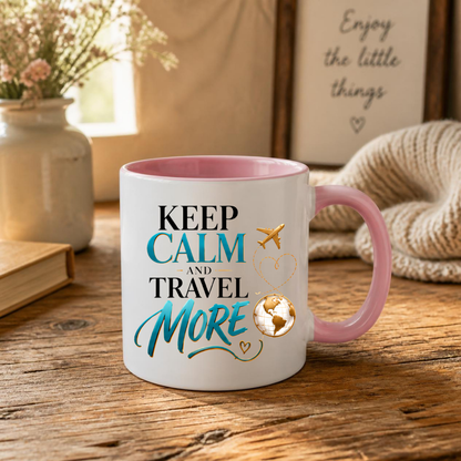 Travel Mug "Keep Calm And Travel More" 325ml Ceramic Coffee Tea Cup – Teal & Gold Typography, Globe & Airplane Slogan Novelty Gift for Travelers, Adventurers, Birthday – Fast Dispatch by UK Seller (M3495)