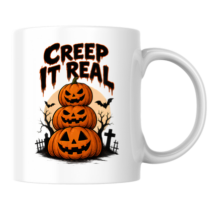 Halloween Mug "CREEP IT Real" Pumpkin Stack 325ml Ceramic Coffee Mug – Novelty Autumn Tea Cup with Jack-o'-Lantern Trio & Graveyard Graphic Gift | Available in Multicolours | Fast Dispatch by UK Seller (M3073)