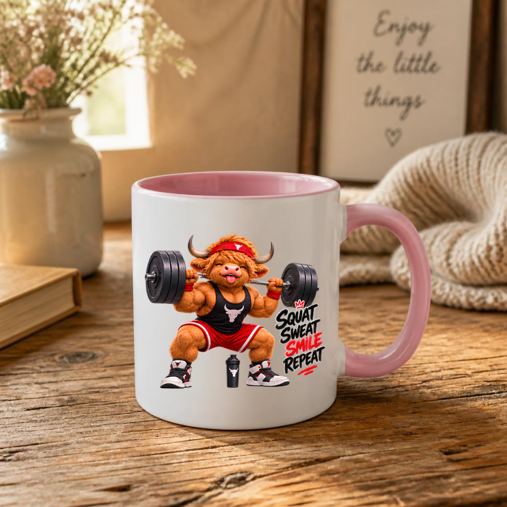 Gym Mug "Squat Sweat Smile Repeat Highland Cow" Squat Sweat Smile Repeat 325ml Ceramic Coffee Mug – Muscular Highland Cow Squatting Heavy Barbell In Headband Tank Top Gym Fitness Gift | Available in Multicolours | Fast Dispatch by UK Seller (M3276)