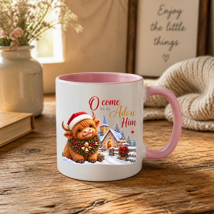 Christmas Mug "O Come Let Us Adore Him Highland Cow" Luke 2:11 325ml Ceramic Coffee Mug – Festive Highland Cow Mug With Christmas Bells Snowy Church Fence Christian Holiday Gift | Available in Multicolours | Fast Dispatch by UK Seller (M3310)