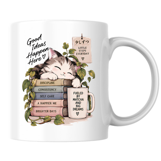 Inspirational Cat Mug "Good Ideas Happen Here" Sleeping Kitten & Books 325ml Ceramic Coffee Mug – Mindful Tea Cup with Greenery and Mug Graphic Gift | Available in Multicolours | Fast Dispatch by UK Seller (M3049)