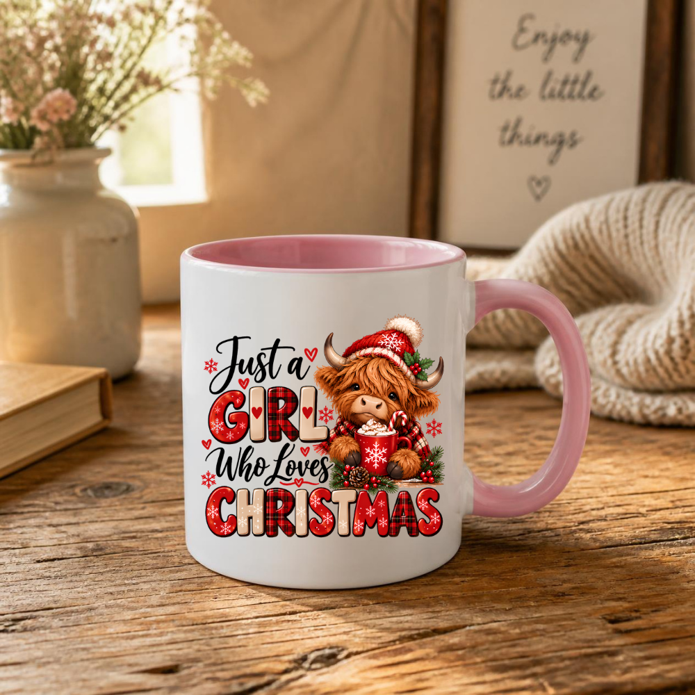 Christmas Highland Cow Mug "Just A Girl Who Loves Christmas" Just A Girl Who Loves Christmas 325ml Ceramic Coffee Mug – Festive Highland Cow in Santa Hat with Hot Cocoa & Buffalo Plaid Typography | Holiday Gift | Fast Dispatch by UK Seller (M3460)