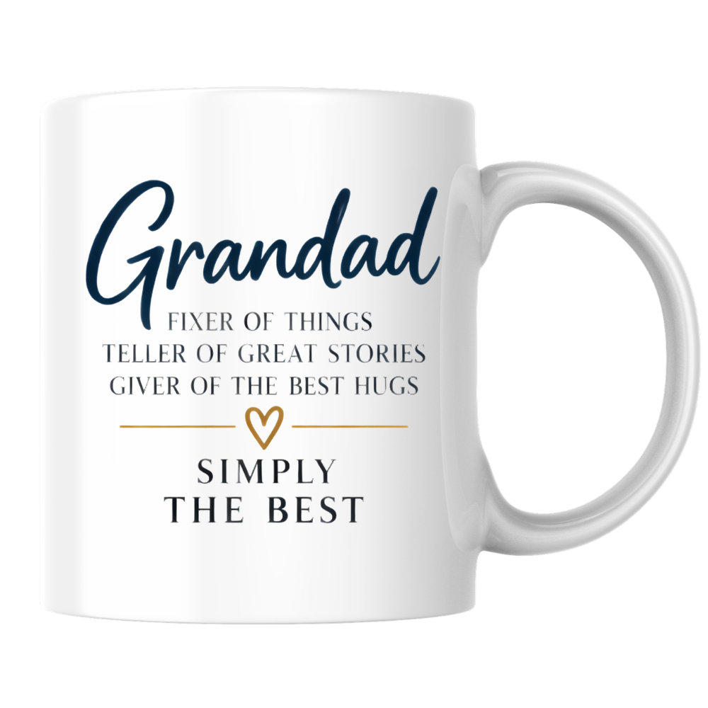Grandad Mug "Grandad FIXER OF THINGS TELLER OF GREAT STORIES SIMPLY THE BEST" Sweet Grandpa 325ml Ceramic Coffee Mug Heartwarming Grandad Tea Cup with Gold Heart Graphic Gift | Available in Multicolours | Fast Dispatch by UK Seller (M3023)