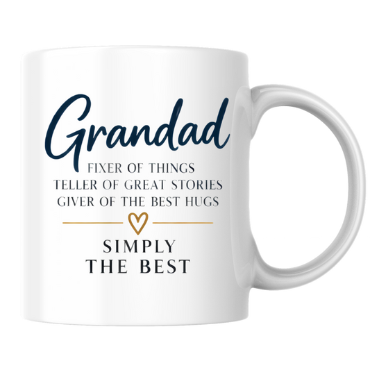 Grandad Mug "Grandad FIXER OF THINGS TELLER OF GREAT STORIES SIMPLY THE BEST" Sweet Grandpa 325ml Ceramic Coffee Mug Heartwarming Grandad Tea Cup with Gold Heart Graphic Gift | Available in Multicolours | Fast Dispatch by UK Seller (M3023)