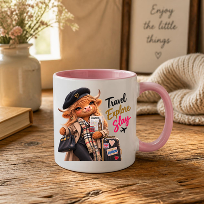 Travel Mug "Travel Explore Slay Highland Cow" Travel Explore Slay Highland Cow 325ml Ceramic Coffee Mug – Chic London Travel Tea Cup with Beret Trench Coat Scarf Graphic Gift | Available in Multicolours | Fast Dispatch by UK Seller (M3199)