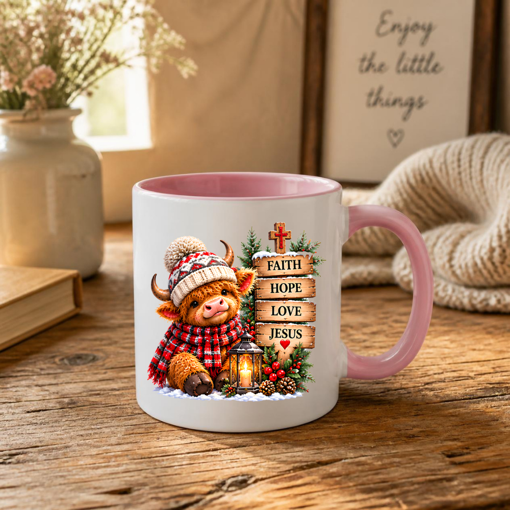 Religious Christmas Mug "Faith Hope Love Jesus" Highland Cow Faith Hope Love Jesus 325ml Ceramic Coffee Mug – Cute Highland Cow Winter Hat Mug with Wooden Signs, Lantern & Pinecones | Christian Holiday Gift | Fast Dispatch by UK Seller (M3356)