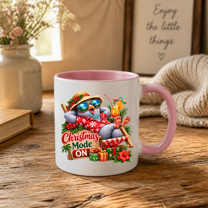 Tropical Christmas Mug "Christmas Mode ON Cool Bird" 325ml Ceramic Coffee Mug – Funny Tropical Christmas Bird in Hawaiian Shirt Sunglasses Straw Hat Relaxing On Deck Chair Holiday Gift | Available in Multicolours | Fast Dispatch by UK Seller (M3270)