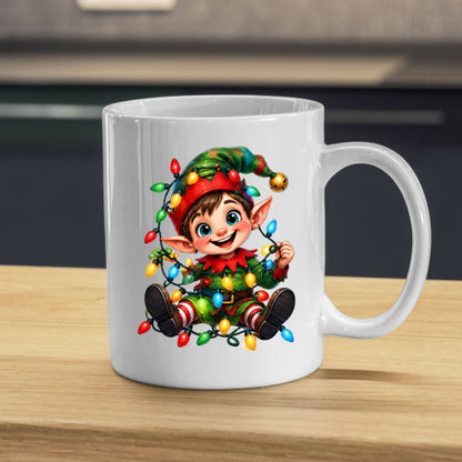 Festive Mug Tangled Fairy Lights Christmas Elf 325ml Ceramic Coffee Mug Cute Holiday Tea Cup with Jingle Bell Hat & Colorful Lights Gift | Available in Multicolours | Fast Dispatch by UK Seller (M1243)