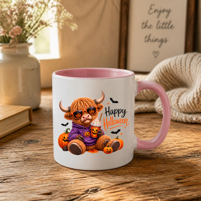 Halloween Mug "Cool Pumpkin Spice Happy Halloween" Cool Hoodie Highland Cow 325ml Ceramic Coffee Mug – Trendy Halloween Tea Cup with Pumpkin Sunglasses Iced Drink Graphic Gift | Available in Multicolours | Fast Dispatch by UK Seller (M3169)