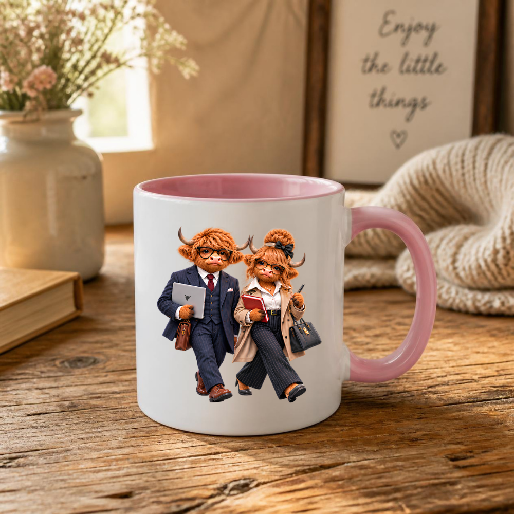 Corporate Mug "Professional Highland Cow Couple" 325ml Ceramic Coffee Mug – Stylish Highland Cow Couple in Suits Coat Holding Laptop Work Office Gift For Coworkers Professionals | Available in Multicolours | Fast Dispatch by UK Seller (M3264)