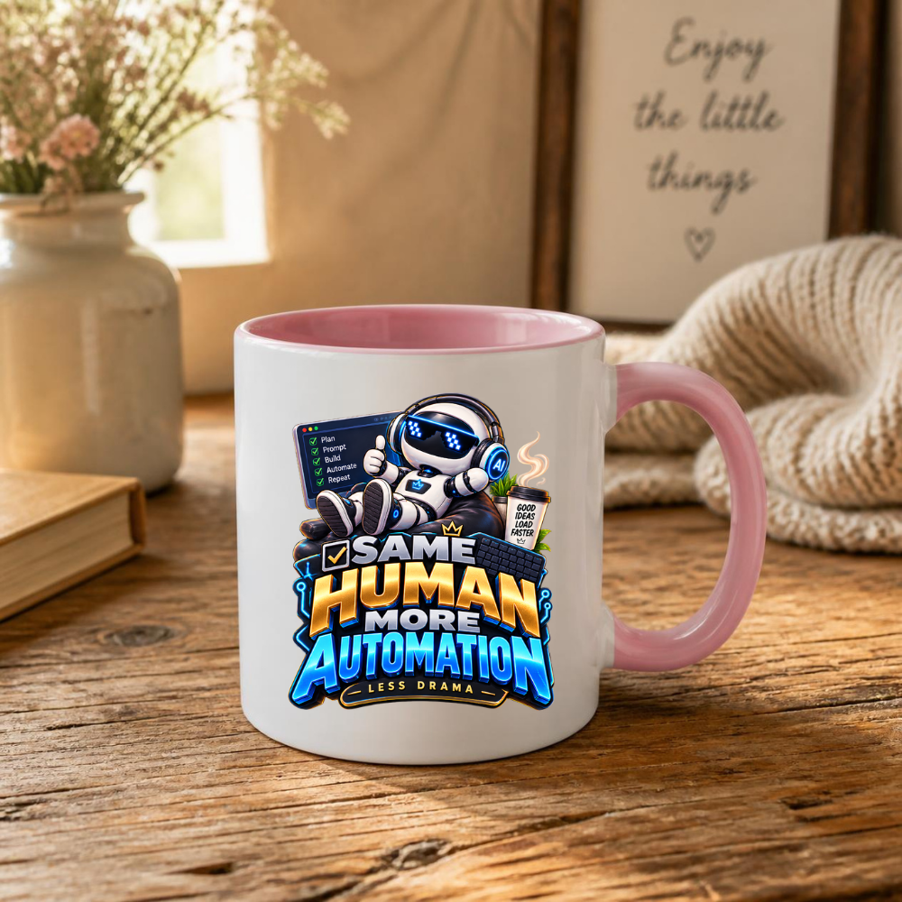 Tech Mug "Same Human More Automation Less Drama" Same Human More Automation Less Drama 325ml Ceramic Coffee Mug – Funny Robot IT Developer Mug with Plan Prompt Build Automate Repeat | Gift for Developers | Fast Dispatch by UK Seller (M3328)