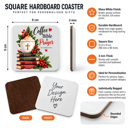 Inspirational Religious Hardboard Coaster "Coffee Bible & Prayer My Daily Fuel" Graphic 9cm x 9cm Square Drinks Coaster “Stack of Holy Book