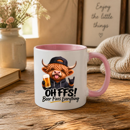 Highland Cow Beer Lover Mug "Oh FFS! Beer Fixes Everything" Oh FFS! Beer Fixes Everything 325ml Ceramic Coffee Mug – Cute Highland Cow in Hoodie & Cap Holding Pint Glass with Rock On Sign | Funny Gift | Fast Dispatch by UK Seller (M3390)