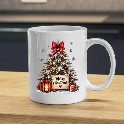 Cozy Mug "Merry Christmas" Red Bow Christmas Tree 325ml Ceramic Coffee Mug – Festive Winter Holiday Tea Cup with Lantern, Sign & Gifts Gift | Available in Multicolours | Fast Dispatch by UK Seller (M1264)