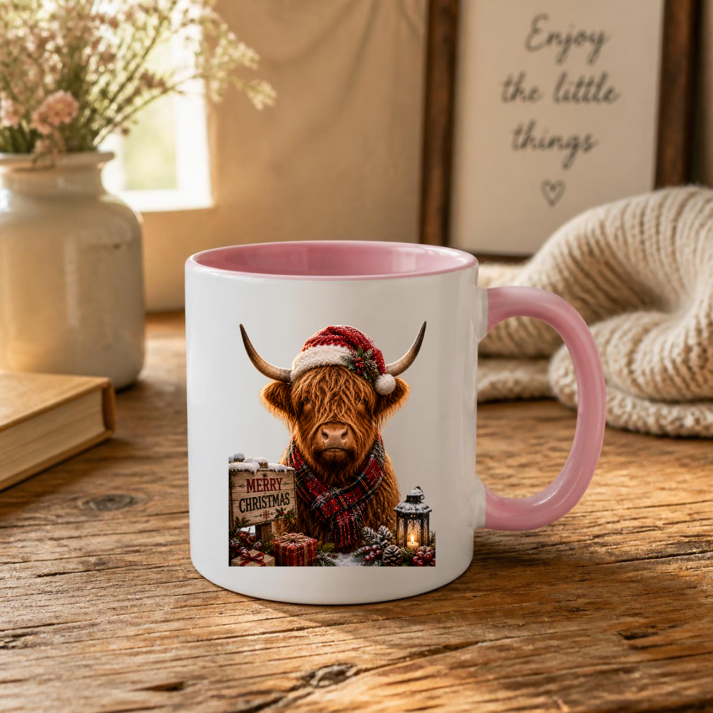 Festive Mug "Merry Christmas Highland Cow" Christmas Highland Cow 325ml Ceramic Coffee Mug Festive Winter Tea Cup with Santa Hat and Tartan Scarf Graphic Gift | Available in Multicolours | Fast Dispatch by UK Seller (M3157)