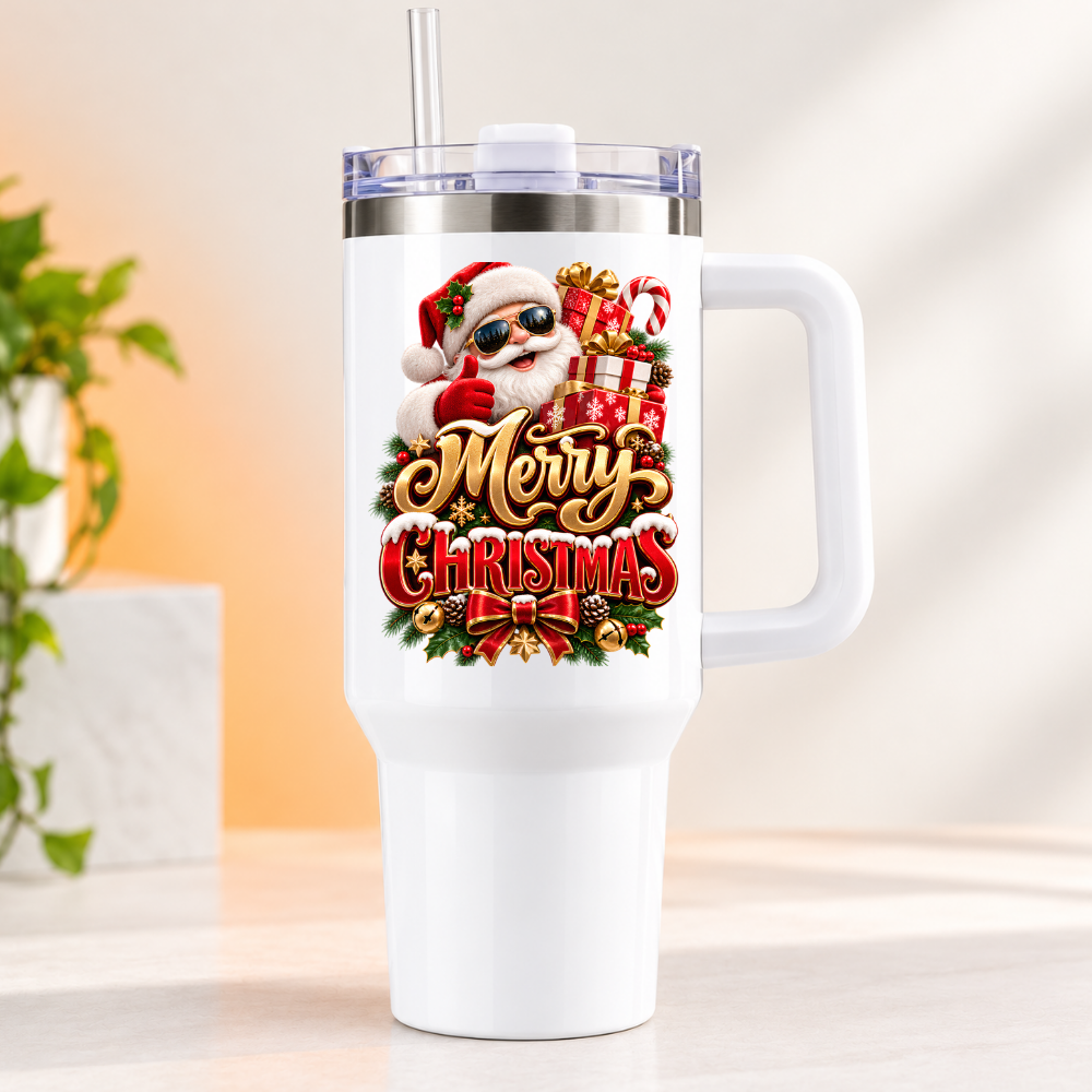Festive Christmas Travel Tumbler "Merry Christmas" Graphic 40oz Stainless Steel Insulated Travel Mug with Handle & Straw – Cool Santa in Sunglasses with Gift Boxes, Candy Cane & Red Bow Holiday Gift | Fast Dispatch by UK Seller (T3070)