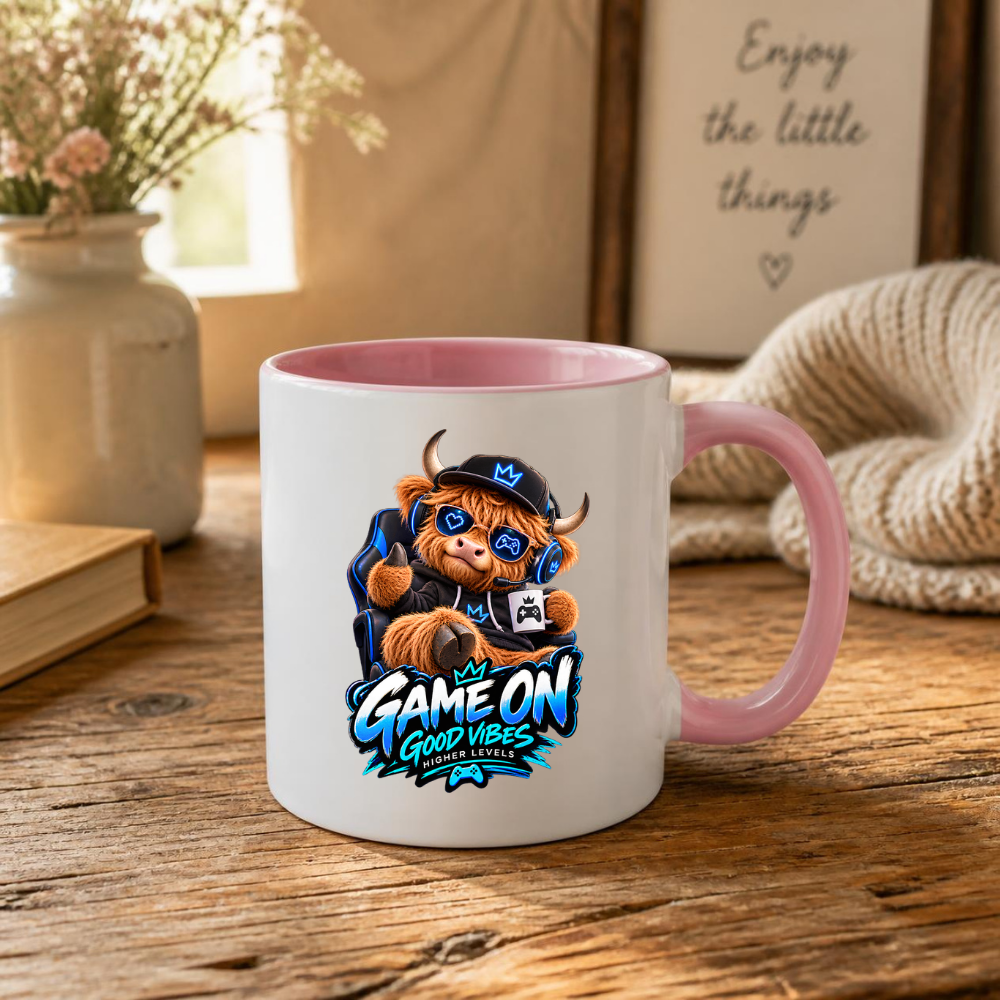 Gaming Mug "Game On Good Vibes Higher Levels" Game On Good Vibes Higher Levels 325ml Ceramic Coffee Mug – Cute Highland Cow Gamer in Chair with Headset, Mug & Blue Splatter Art | Video Game Gift | Fast Dispatch by UK Seller (M3348)