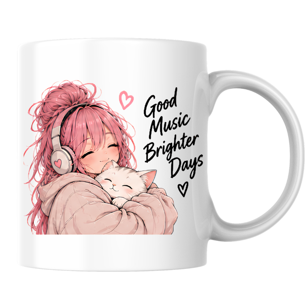 Inspirational Anime Mug "Good Music Brighter Days" Pink Hair Girl & Cat 325ml Ceramic Coffee Mug Wholesome Tea Cup with Headphones & Sleeping Kitten Graphic Gift | Available in Multicolours | Fast Dispatch by UK Seller (M3037)
