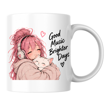 Inspirational Anime Mug "Good Music Brighter Days" Pink Hair Girl & Cat 325ml Ceramic Coffee Mug Wholesome Tea Cup with Headphones & Sleeping Kitten Graphic Gift | Available in Multicolours | Fast Dispatch by UK Seller (M3037)