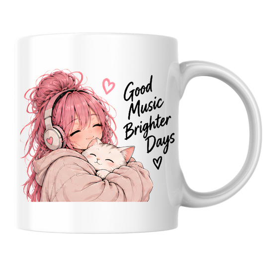 Inspirational Anime Mug "Good Music Brighter Days" Pink Hair Girl & Cat 325ml Ceramic Coffee Mug Wholesome Tea Cup with Headphones & Sleeping Kitten Graphic Gift | Available in Multicolours | Fast Dispatch by UK Seller (M3037)
