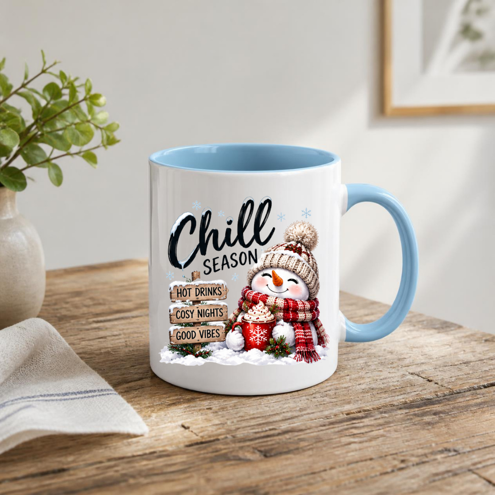 Snowman Chill Season Mug "Chill Season Hot Drinks Cosy Nights Good Vibes" Chill Season Hot Drinks 325ml Ceramic Coffee Mug – Cute Snowman in Beanie & Scarf holding Hot Chocolate Mug with Wooden Sign Post | Winter Gift | Fast Dispatch by UK Seller (M3400)