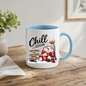 Snowman Chill Season Mug "Chill Season Hot Drinks Cosy Nights Good Vibes" Chill Season Hot Drinks 325ml Ceramic Coffee Mug – Cute Snowman in Beanie & Scarf holding Hot Chocolate Mug with Wooden Sign Post | Winter Gift | Fast Dispatch by UK Seller (M3400)