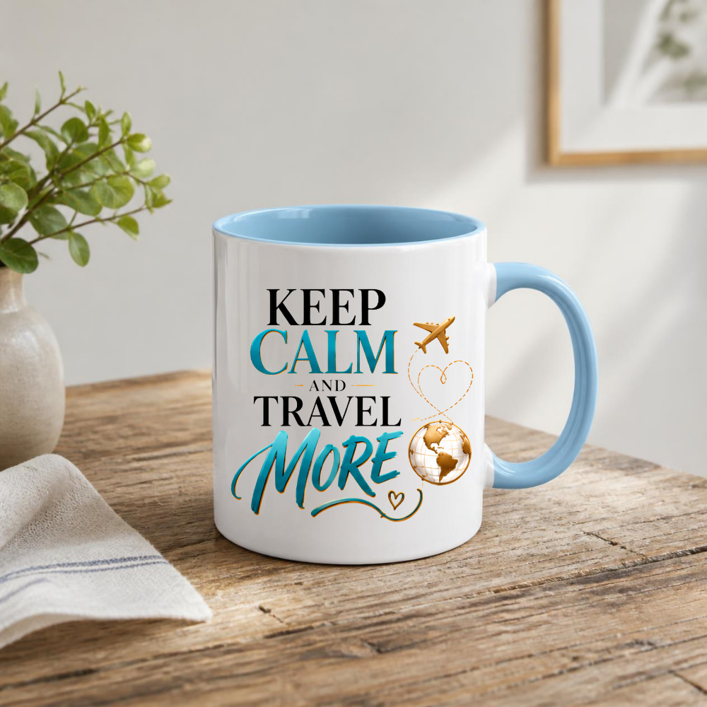 Travel Mug "Keep Calm And Travel More" 325ml Ceramic Coffee Tea Cup – Teal & Gold Typography, Globe & Airplane Slogan Novelty Gift for Travelers, Adventurers, Birthday – Fast Dispatch by UK Seller (M3495)