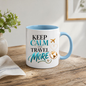 Travel Mug "Keep Calm And Travel More" 325ml Ceramic Coffee Tea Cup – Teal & Gold Typography, Globe & Airplane Slogan Novelty Gift for Travelers, Adventurers, Birthday – Fast Dispatch by UK Seller (M3495)