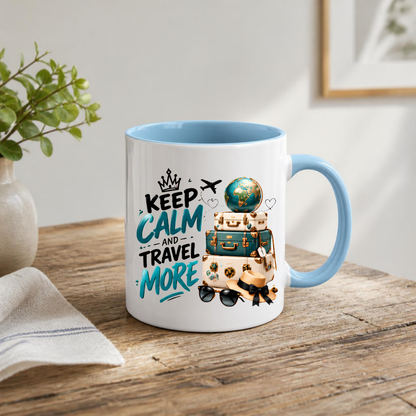 Travel Mug "Keep Calm And Travel More" 325ml Ceramic Coffee Tea Cup – Vintage Suitcases, Globe, Sunglasses & Slogan Novelty Gift for Travelers, Adventurers, Birthday – Fast Dispatch by UK Seller (M3508)