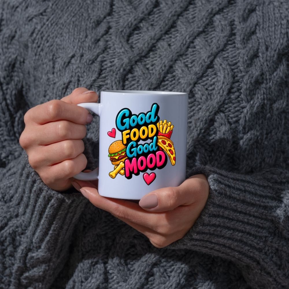 Foodie Mug "Good Food Good Mood" 325ml Ceramic Coffee Mug Cute Fast Food Lover Tea Cup with Burger, Pizza Slice & Fries Gift | Available in Multicolours | Fast Dispatch by UK Seller (M1308)