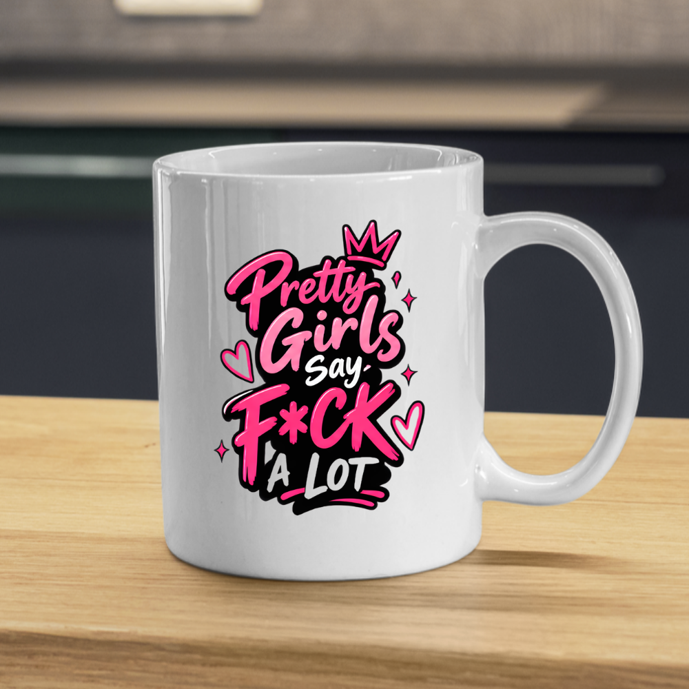 Sassy Mug "PRETTY GIRLS SAY F*CK A LOT" Pink Typography 325ml Ceramic Coffee Mug Novelty Sweary Tea Cup with Crown, Sparkles & Hearts Graphic Gift | Available in Multicolours | Fast Dispatch by UK Seller (M3089)