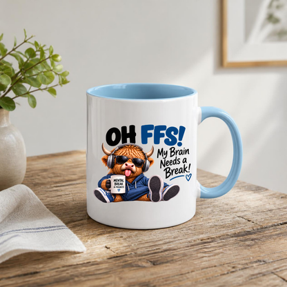 Highland Cow Mental Break Mug "OH FFS! My Brain Needs a Break!" Oh Ffs! My Brain Needs a Break! 325ml Ceramic Coffee Mug – Cute Highland Cow with Headphones, Sunglasses & "Mental Break" Mug | Funny Office Gift | Fast Dispatch by UK Seller (M3382)