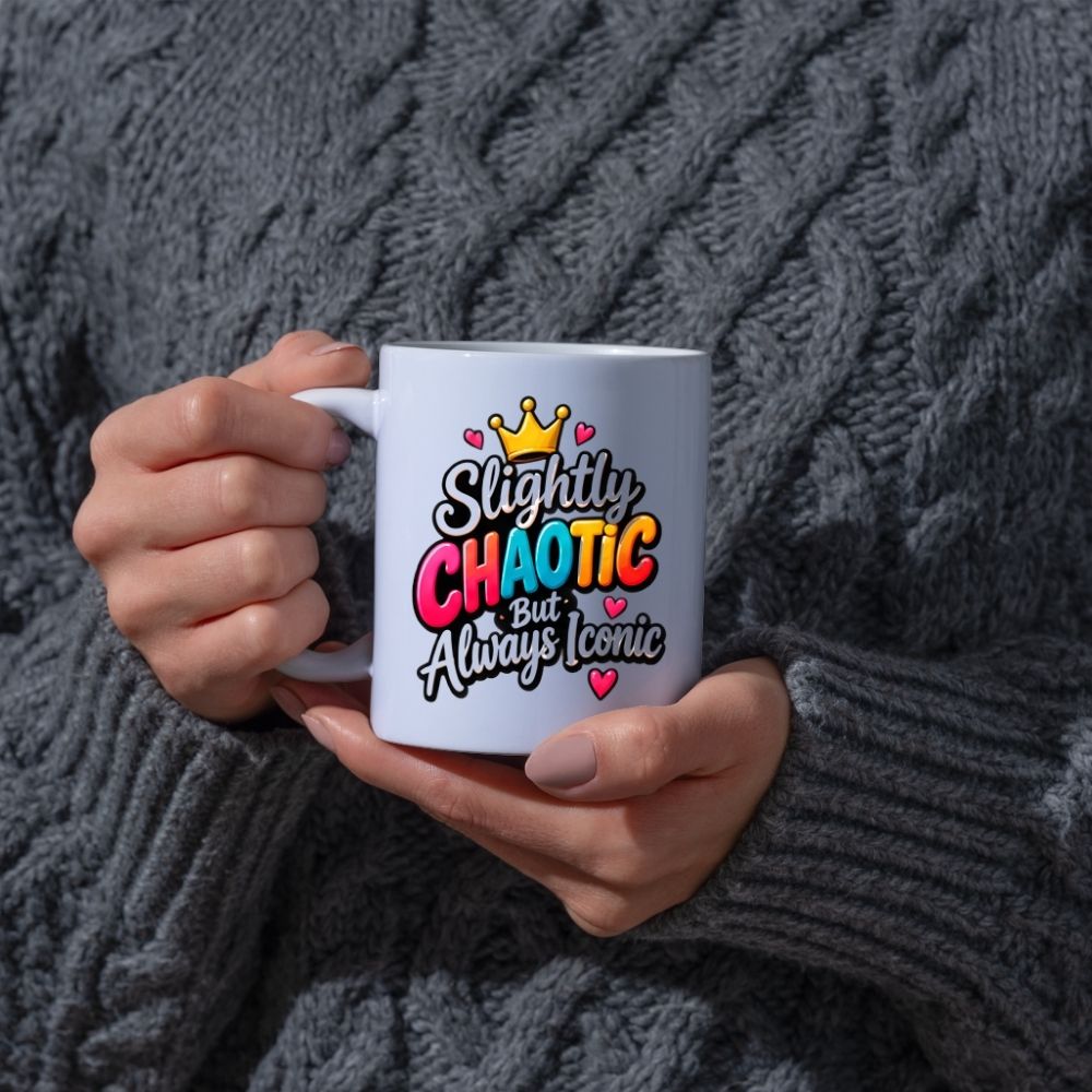 Sassy Mug "Slightly Chaotic But Always Iconic" 325ml Ceramic Coffee Mug Cute Bold Typography Tea Cup with Gold Crown & Pink Hearts Gift | Available in Multicolours | Fast Dispatch by UK Seller (M1301)