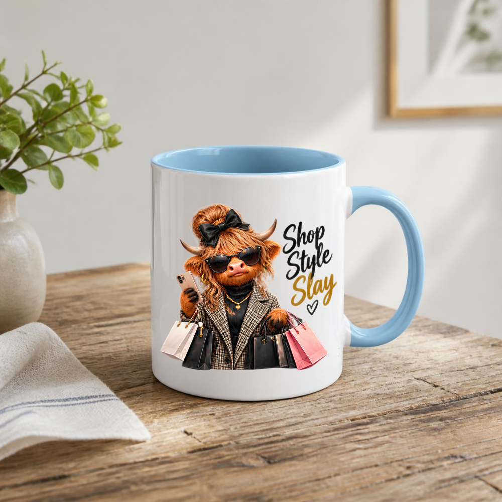 Highland Cow Mug "Shop Style Slay Highland Cow" Shop Style Slay 325ml Ceramic Coffee Mug – Glamorous Highland Cow with Shopping Bags, Smartphone Sunglasses Plaid Coat Fashion Gift | Available in Multicolours | Fast Dispatch by UK Seller (M3282)