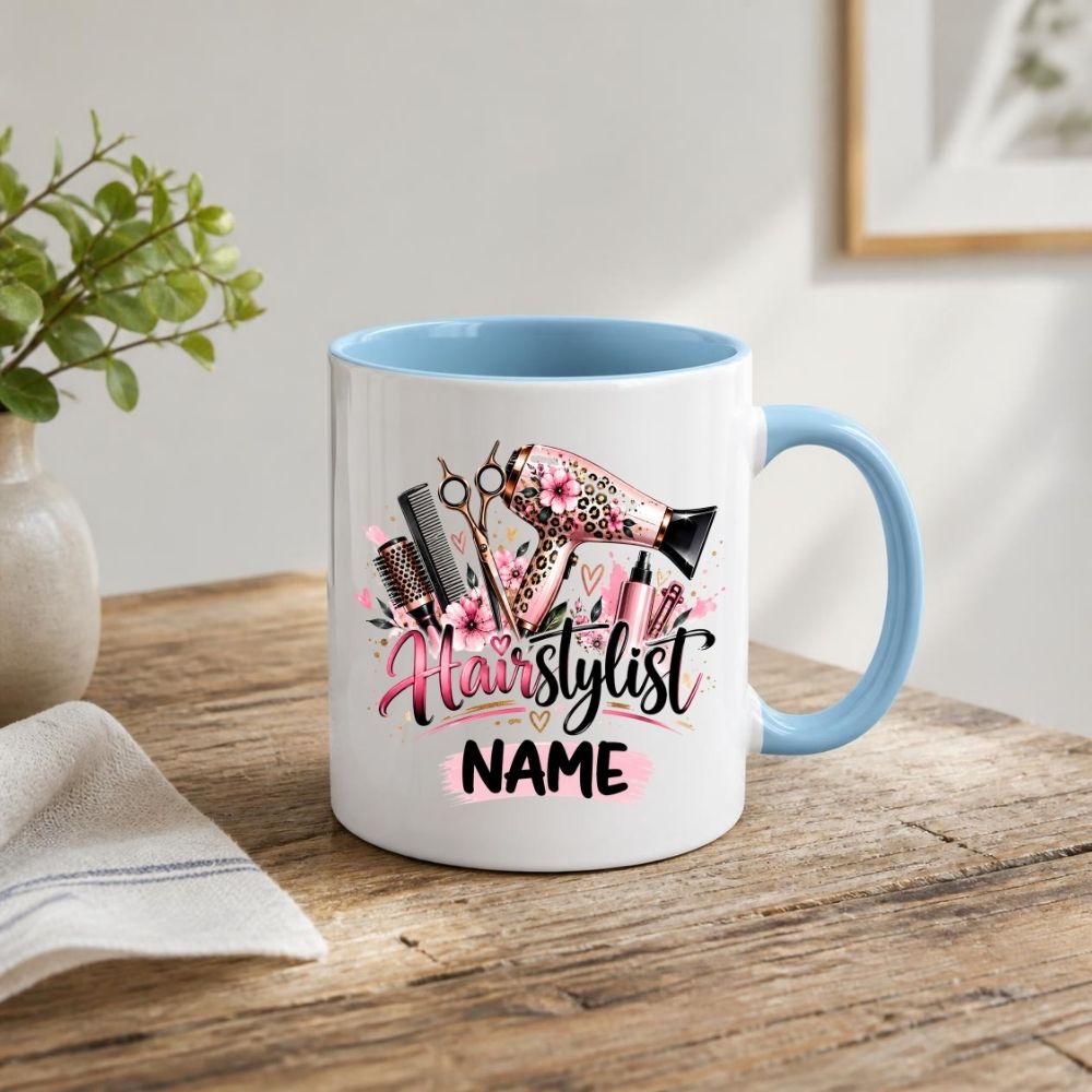 Personalised Mug "Hairstylist" Custom Name Hairdresser Coffee Cup 350ml Ceramic, Male Female Barber Hair Salon Design, Pink Floral Blue Hair Tools, Gift for Stylist Beautician Colleague, Birthday Christmas Secret Santa | Fast Dispatch by UK Seller (M1196)