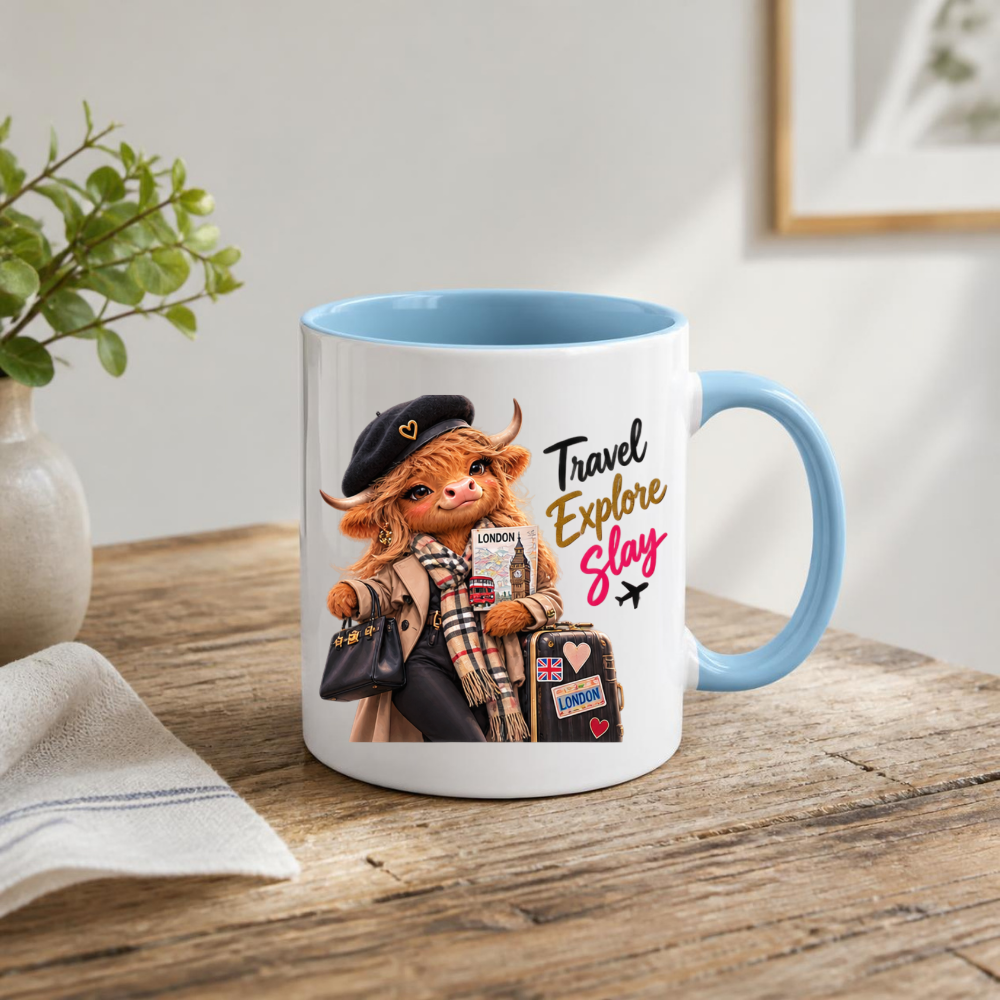 Travel Mug "Travel Explore Slay Highland Cow" Travel Explore Slay Highland Cow 325ml Ceramic Coffee Mug – Chic London Travel Tea Cup with Beret Trench Coat Scarf Graphic Gift | Available in Multicolours | Fast Dispatch by UK Seller (M3199)