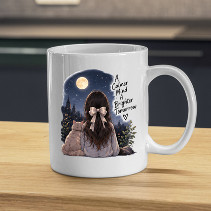 Inspirational Mug "A Calmer Mind A Brighter Tomorrow" Girl & Cat Night Sky 325ml Ceramic Coffee Mug Serene Anime Tea Cup with Full Moon & City Skyline Graphic Gift | Available in Multicolours | Fast Dispatch by UK Seller (M3029)