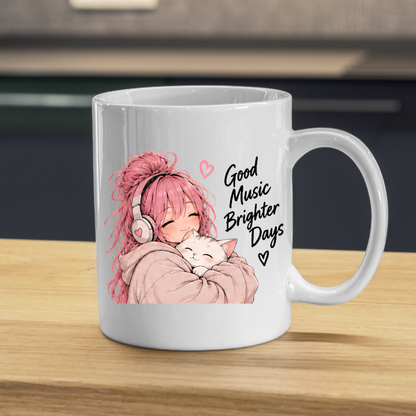 Inspirational Anime Mug "Good Music Brighter Days" Pink Hair Girl & Cat 325ml Ceramic Coffee Mug Wholesome Tea Cup with Headphones & Sleeping Kitten Graphic Gift | Available in Multicolours | Fast Dispatch by UK Seller (M3037)