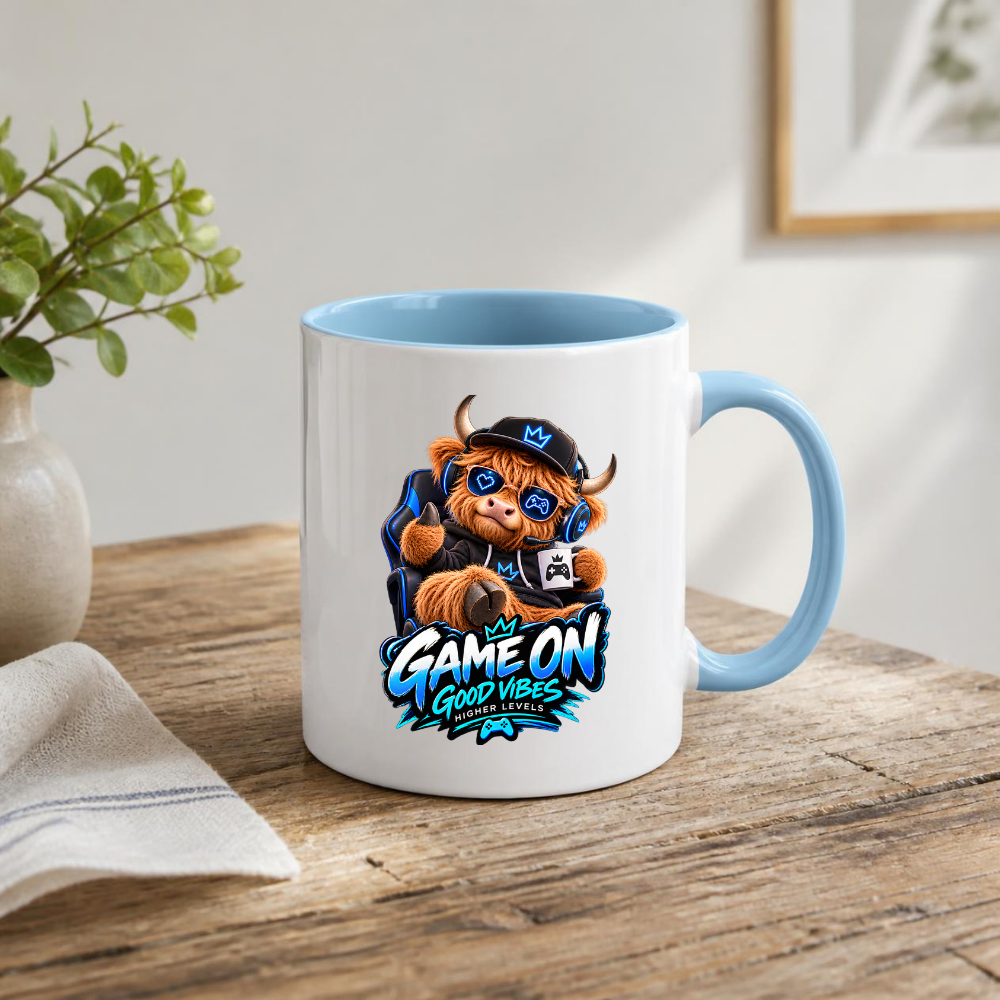 Gaming Mug "Game On Good Vibes Higher Levels" Game On Good Vibes Higher Levels 325ml Ceramic Coffee Mug – Cute Highland Cow Gamer in Chair with Headset, Mug & Blue Splatter Art | Video Game Gift | Fast Dispatch by UK Seller (M3348)
