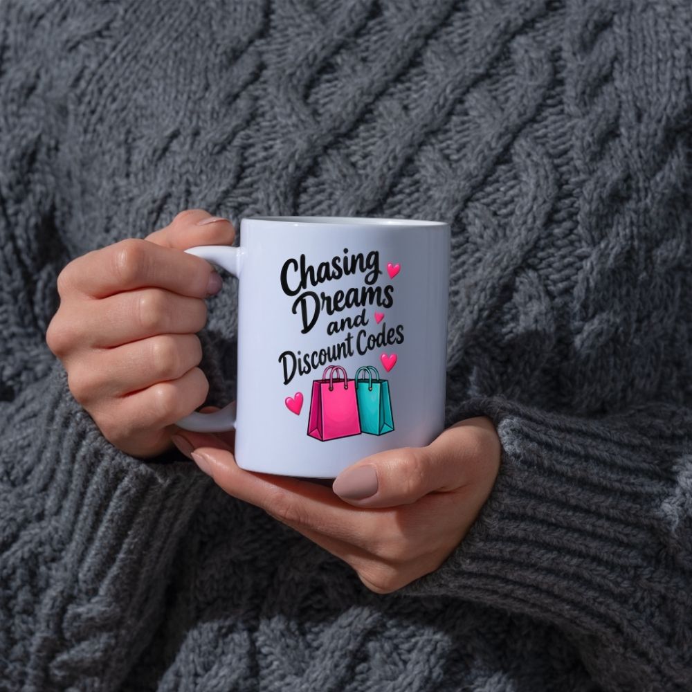 Humorous Mug "Chasing Dreams and Discount Codes" 325ml Ceramic Coffee Mug Funny Shopping Lover Tea Cup with Pink & Teal Shopping Bags & Hearts Graphic Gift | Available in Multicolours | Fast Dispatch by UK Seller (M1316)