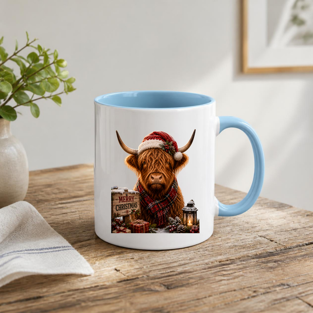Festive Mug "Merry Christmas Highland Cow" Christmas Highland Cow 325ml Ceramic Coffee Mug Festive Winter Tea Cup with Santa Hat and Tartan Scarf Graphic Gift | Available in Multicolours | Fast Dispatch by UK Seller (M3157)