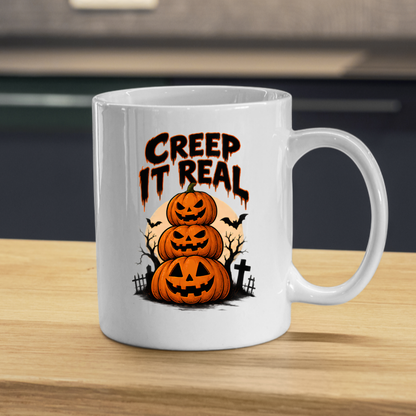 Halloween Mug "CREEP IT Real" Pumpkin Stack 325ml Ceramic Coffee Mug – Novelty Autumn Tea Cup with Jack-o'-Lantern Trio & Graveyard Graphic Gift | Available in Multicolours | Fast Dispatch by UK Seller (M3073)