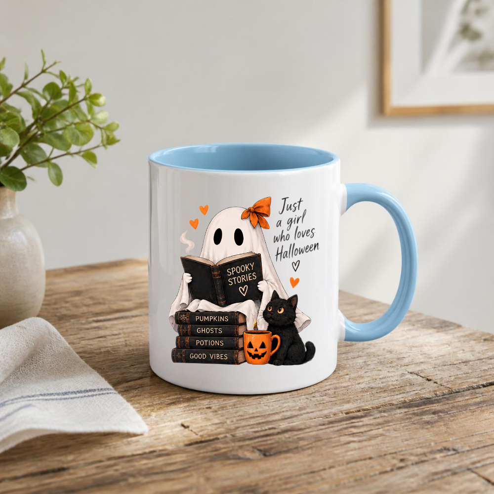 Halloween Mug "Reading Ghost Just a Girl Who Loves Halloween" 325ml Ceramic Coffee Mug–Cute Halloween Autumn Tea Cup With Reading Sheet Ghost Spooky Books Cat Graphic Gift | Available in Multicolours | Fast Dispatch by UK Seller (M3227)