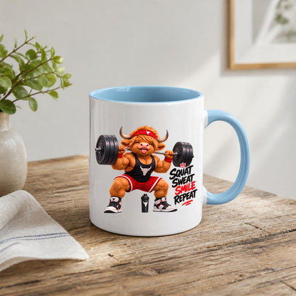 Gym Mug "Squat Sweat Smile Repeat Highland Cow" Squat Sweat Smile Repeat 325ml Ceramic Coffee Mug – Muscular Highland Cow Squatting Heavy Barbell In Headband Tank Top Gym Fitness Gift | Available in Multicolours | Fast Dispatch by UK Seller (M3276)