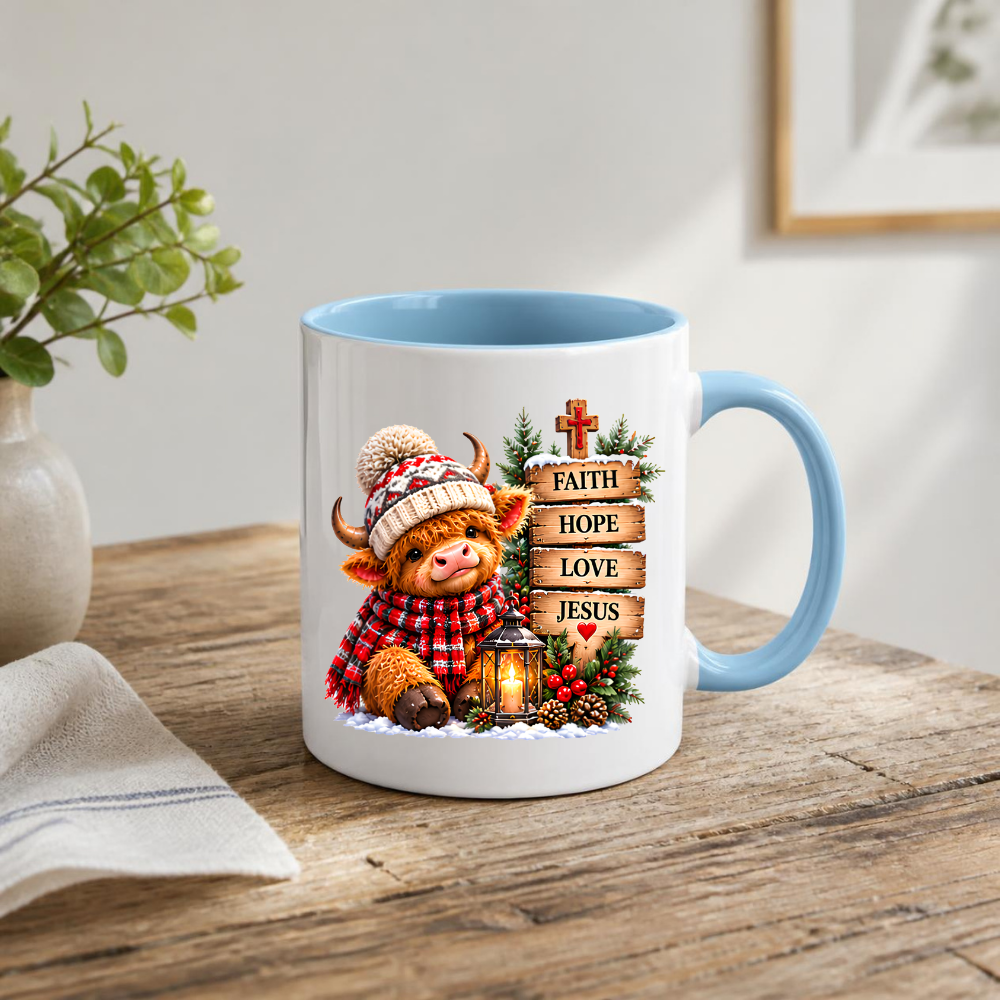 Religious Christmas Mug "Faith Hope Love Jesus" Highland Cow Faith Hope Love Jesus 325ml Ceramic Coffee Mug – Cute Highland Cow Winter Hat Mug with Wooden Signs, Lantern & Pinecones | Christian Holiday Gift | Fast Dispatch by UK Seller (M3356)