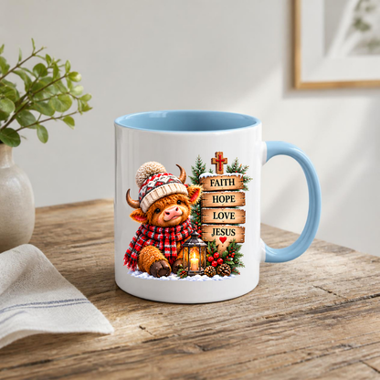 Religious Christmas Mug "Faith Hope Love Jesus" Highland Cow Faith Hope Love Jesus 325ml Ceramic Coffee Mug – Cute Highland Cow Winter Hat Mug with Wooden Signs, Lantern & Pinecones | Christian Holiday Gift | Fast Dispatch by UK Seller (M3356)