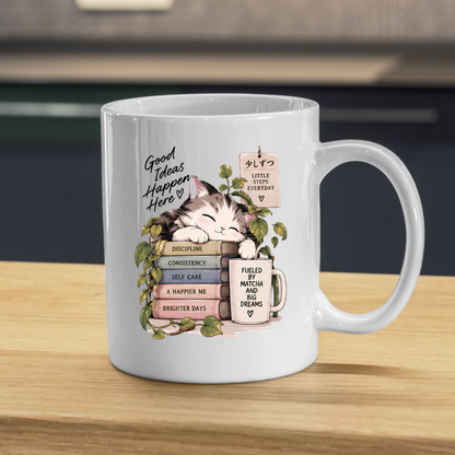 Inspirational Cat Mug "Good Ideas Happen Here" Sleeping Kitten & Books 325ml Ceramic Coffee Mug – Mindful Tea Cup with Greenery and Mug Graphic Gift | Available in Multicolours | Fast Dispatch by UK Seller (M3049)
