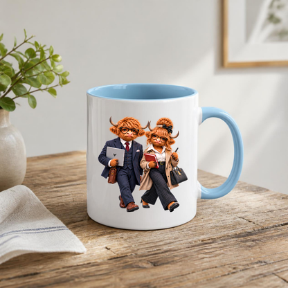 Corporate Mug "Professional Highland Cow Couple" 325ml Ceramic Coffee Mug – Stylish Highland Cow Couple in Suits Coat Holding Laptop Work Office Gift For Coworkers Professionals | Available in Multicolours | Fast Dispatch by UK Seller (M3264)